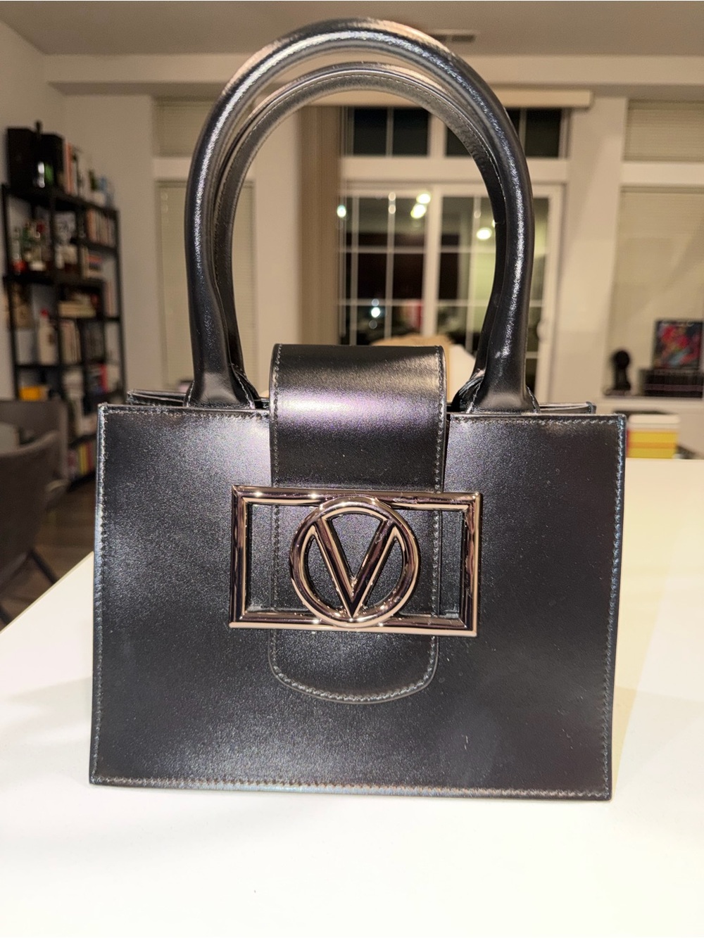 Black Structured Top-Handle Bag with Metallic Accent